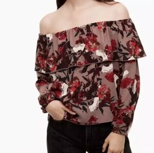Wilfred Off The Shoulder Ruffle Taupe Flower Pattern Morel Blouse US M
